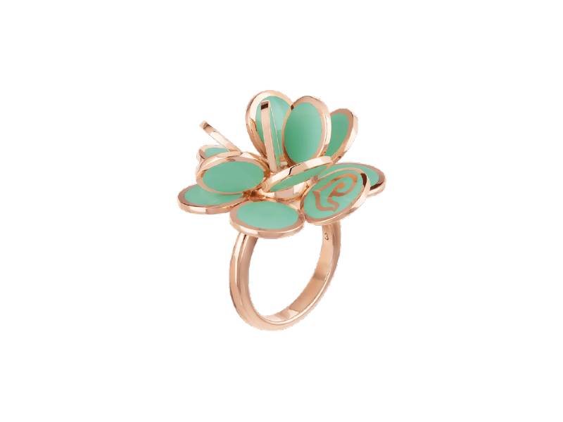 BIG ROSE GOLD FLOWER RING WITH GREEN ENAMEL PAILLETTES CHANTECLER 33608