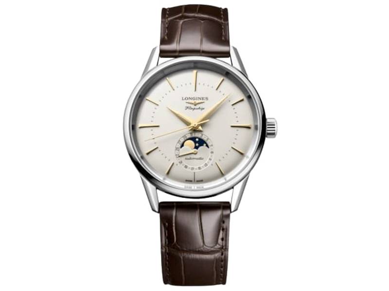 AUTOMATIC MEN'S WATCH STEEL/LEATHER MOON PHASE FLAGSHIP HERITAGE LONGINES L4.815.4.78.2