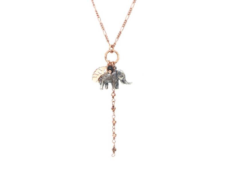 PENDANT CHAIN NECKLACE WITH ELEPHANT, MONSTERA LEAF, PYRITE ROSARY BEADS AND SPINEL STONE WE HEART MAMAN ET SOPHIE PDAFREL