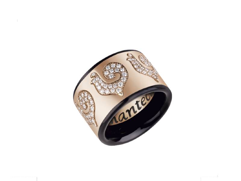 18KT ROSE GOLD BAND RING, DIAMOND PAVE' ROOSTER AND BLACK ENAMEL CAROUSEL CHANTECLER 41030