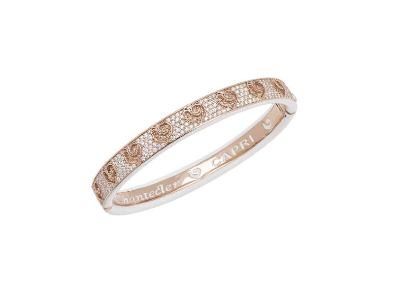 RIGID BRACELET IN ROSE GOLD, DIAMONDS PAVE', CHAMPAGNE DIAMONDS ROOSTERS AND WHITE ENAMEL CAROUSEL CHANTECLER 41321