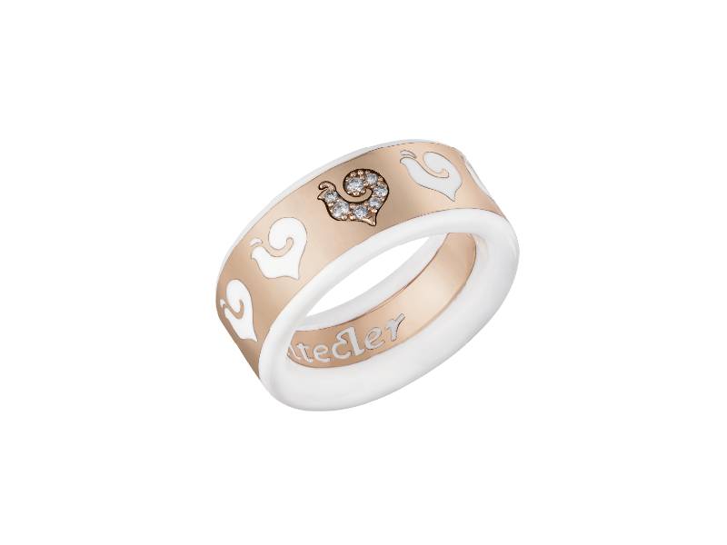 18KT ROSE GOLD BAND RING, DIAMOND PAVE' ROOSTER AND WHITE ENAMEL CAROUSEL CHANTECLER 41031