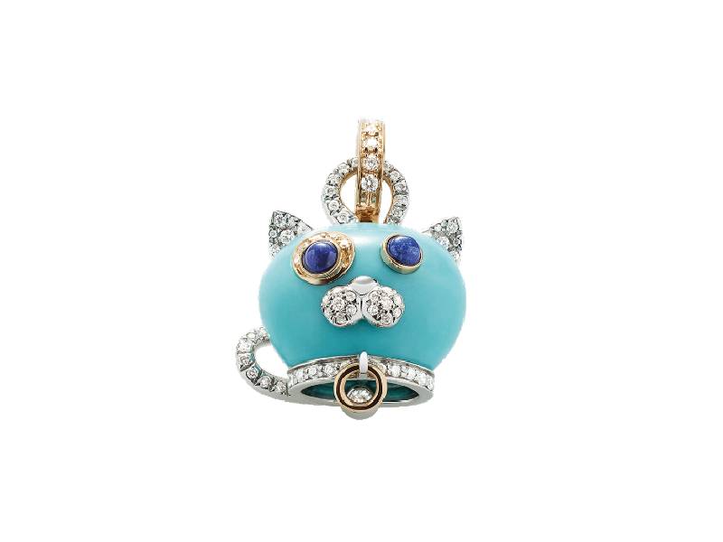 CAMPANELLA CAT CHARM IN 18KT WHITE AND ROSE GOLD, DIAMAONDS, TURQUOISE AND BLUE LAPISLAZULI  CAMPANELLE CHANTECLER 36286