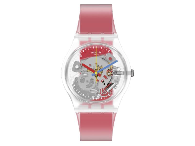 SWATCH CLEARLY RED STRIPED MONTHLY DROPS GE292