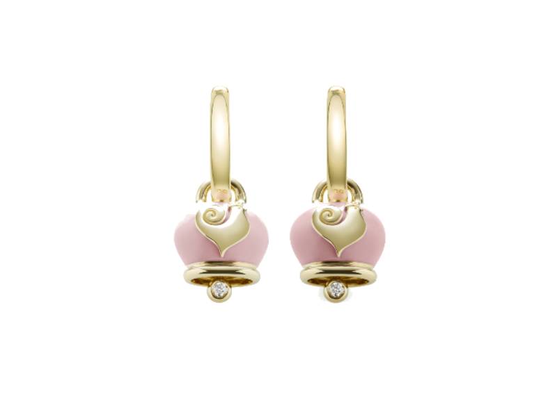 ORECCHINI PENDENTI CON MICRO CAMPANELLA IN ORO GIALLO E SMALTO ROSA CON UN DIAMANTE CAMPANELLE CHANTECLER 36613