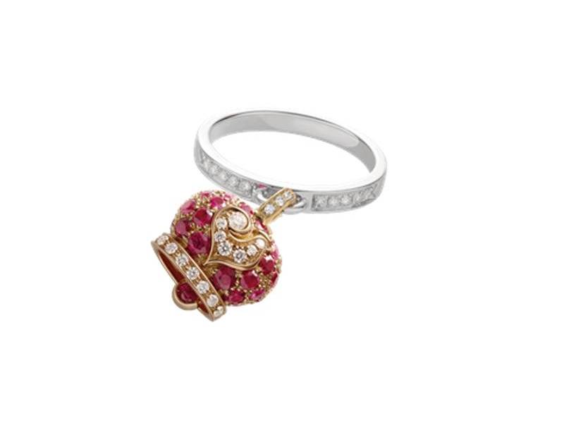 ANELLO CAMPANELLA IN ORO BIANCO E ROSA, RUBINI E DIAMANTI CON GALLETTO IN DIAMANTI CAMPANELLE CHANTECLER 37722