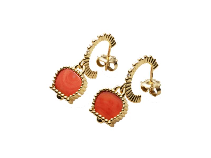 18KT YELLOW GOLD PENDANT EARRINGS WITH SALMON CORAL AND DIAMONDS ANIMA 70 CHANTECLER 37029