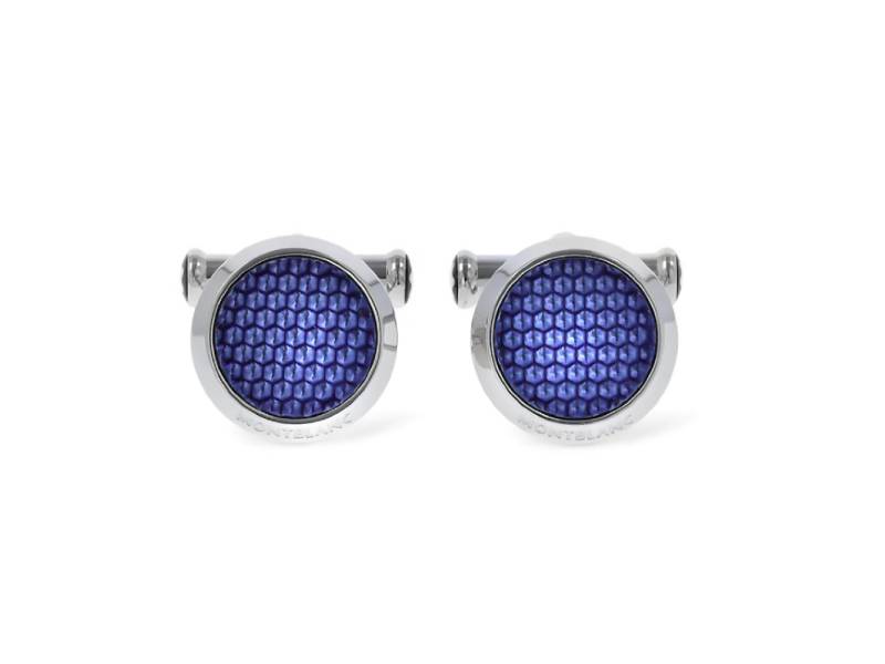 CUFFLINKS, ROUND IN STAINLESS STEEL INLAID WITH BLUE TEXTURED LAQUER MEISTERSTUCK GLACIER MONTBLANC 129492