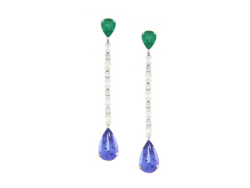 18KT WHITE GOLD PENDANT EARRINGS WITH EMERALDS, TANZANITE AND DIAMONDS JOVANE JBG242