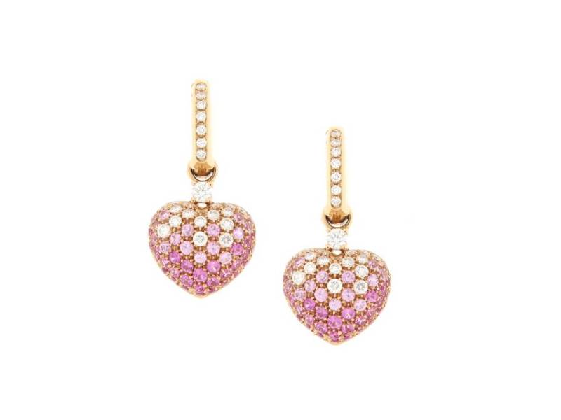 18KT ROSE GOLD HEART PENDANT EARRINGS WITH PINK SAPPHIRES AND DIAMONDS CUORE LEO PIZZO 599820