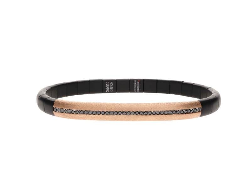 BRACCIALE DA UOMO ESTENSIBILE IN CERAMICA NERO OPACO CON ISERTO IN ORO ROSA SATINATO E DIAMANTI NERI ROBERTO DEMEGLIO PU4MLUNSNRS