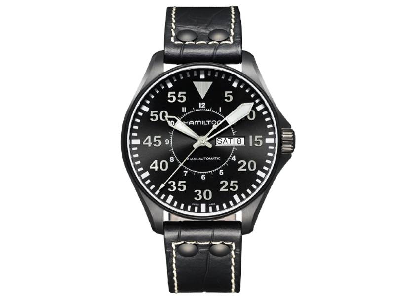 AUTOMATIC MEN'S WATCH STAINLESS STEEL-BLACK PVD/LEATHER PILOT DAY DATE AUTO KHAKI AVIATION H64785835