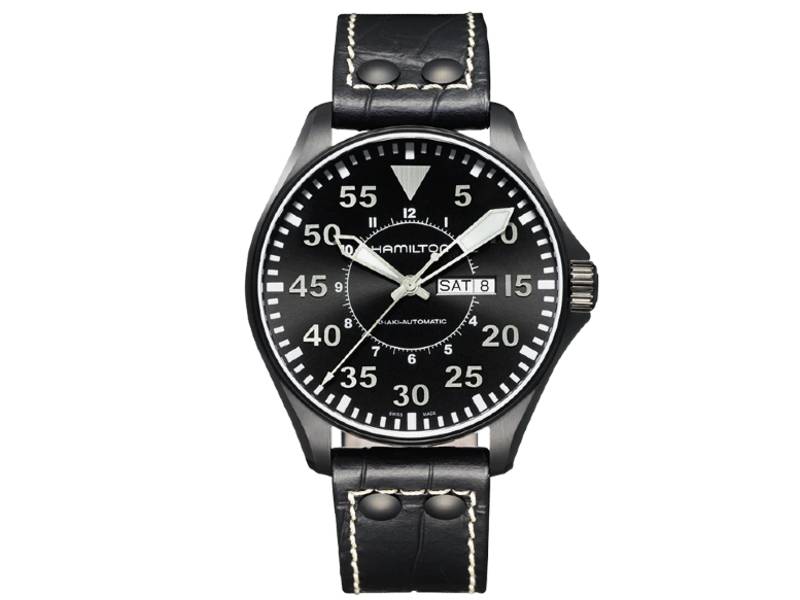 OROLOGIO UOMO AUTOMATICO ACCIAIO-PVD NERO/PELLE PILOT DAY DATE AUTO KHAKI AVIATION H64785835