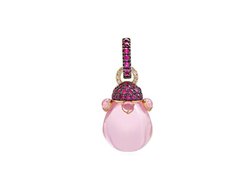 18 KT ROSE GOLD PENDAT WITH DIAMONDS PINK SAPPHIRES AND PEARLS IN PINK-COLORED CRYSTAL JOYFUL CHANTECLER 41874