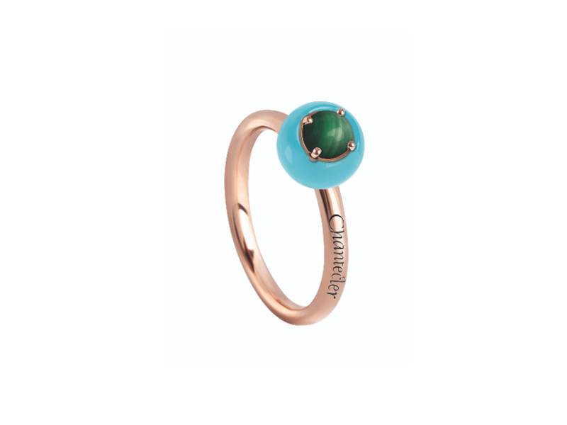 ROSE GOLD RING WITH TURQUOISE AND MALACHITE CABOCHON SPHERE JAM BON BON CHANTECLER 33214