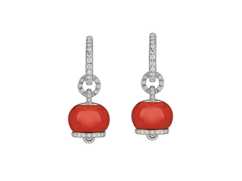 18KT WHITE GOLD SMALL CAMPANELLA EARRING WITH CORAL AND DIAMONDS CAMPANELLE CHANTECLER 30959