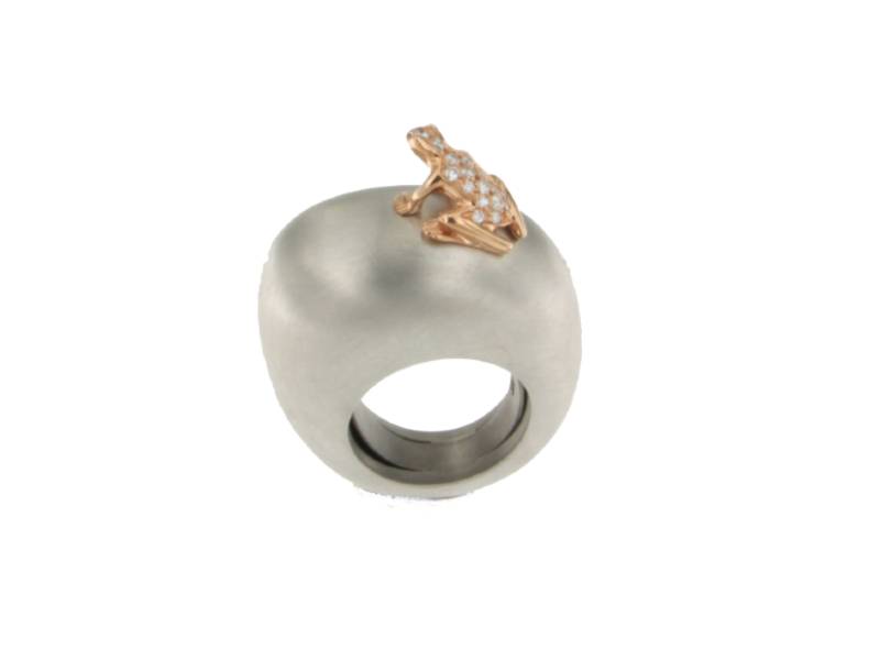 ANELLO GRANDE IN ARGENTO GRIGIO CON RANA IN ORO ROSA E DIAMANTI HAPPY FROG DADA ARRIGONI DHF08ANABRRDI