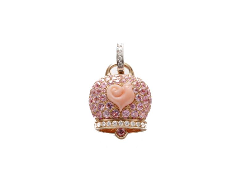 CIONDOLO CAMPANELLA GRANDE IN ORO ROSA E BIANCO CON DIAMANTI E ZAFFIRI ROSA E GALLETTO IN CORALLO ROSA CAMPANELLE CHANTECLER 37736