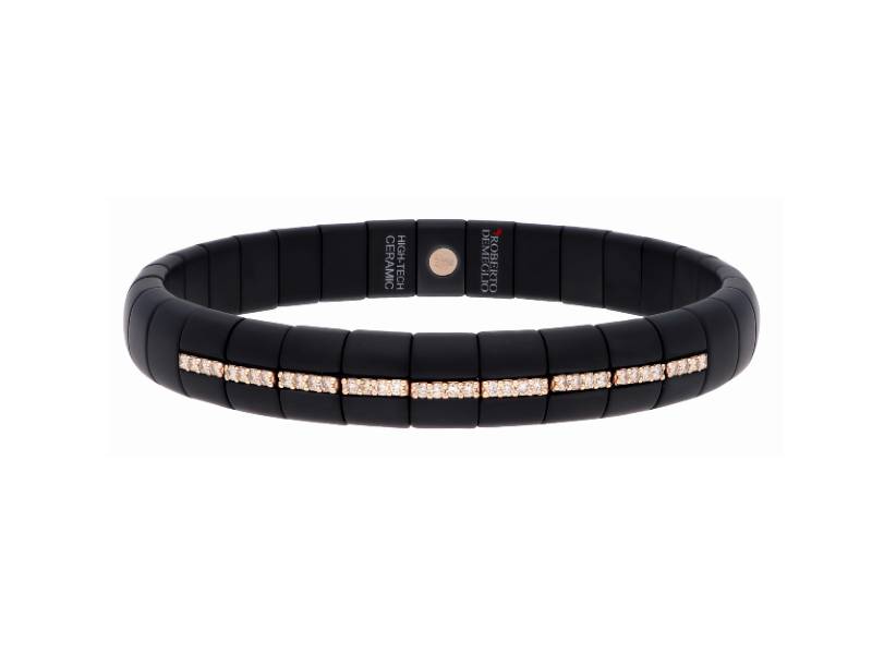 BRACCIALE DA UOMO ESTENSIBILE IN CERAMICA NERO OPACO CON INSERTI IN ORO ROSA E DIAMANTI BROWN PURA ROBERTO DEMEGLIO GC4LN9DBWS