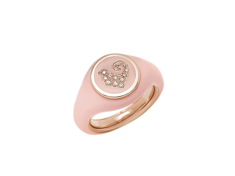 18KT ROSE GOLD AND PINK ENAMEL SYGILLUM RING WITH ROOSTER DIAMOND PAVE' PAILLETTES CHANTECLER 42702