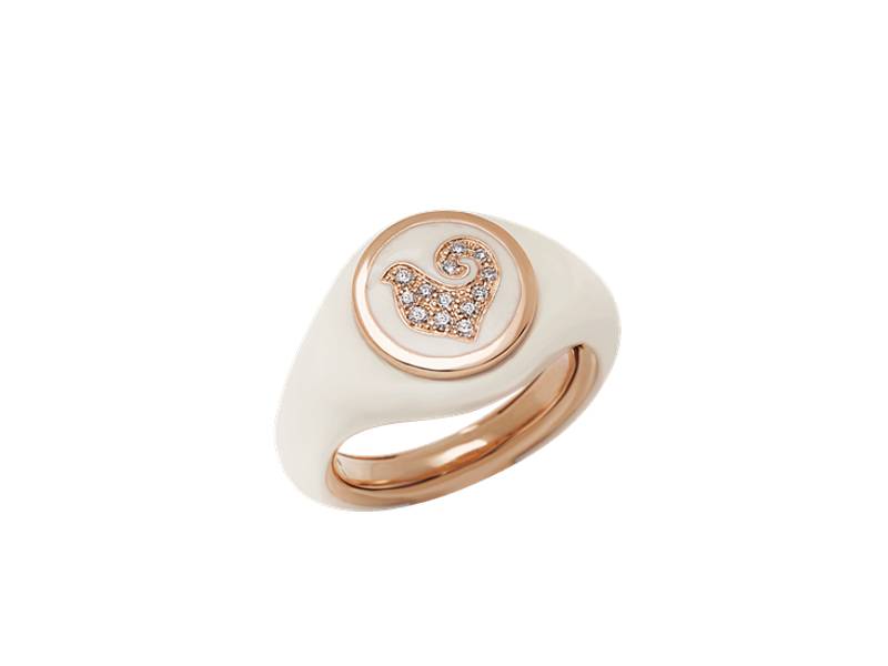 18KT ROSE GOLD AND WHITE ENAMEL SYGILLUM RING WITH ROOSTER DIAMOND PAVE' PAILLETTES CHANTECLER 42701