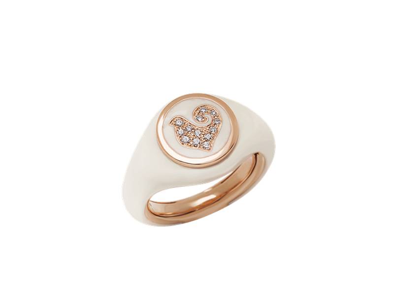 ANELLO SYGILLUM IN ORO ROSA E SMALTO BIANCO CON GALLETTO IN PAVE' DI DIAMANTI PAILLETTES CHANTECLER 42701