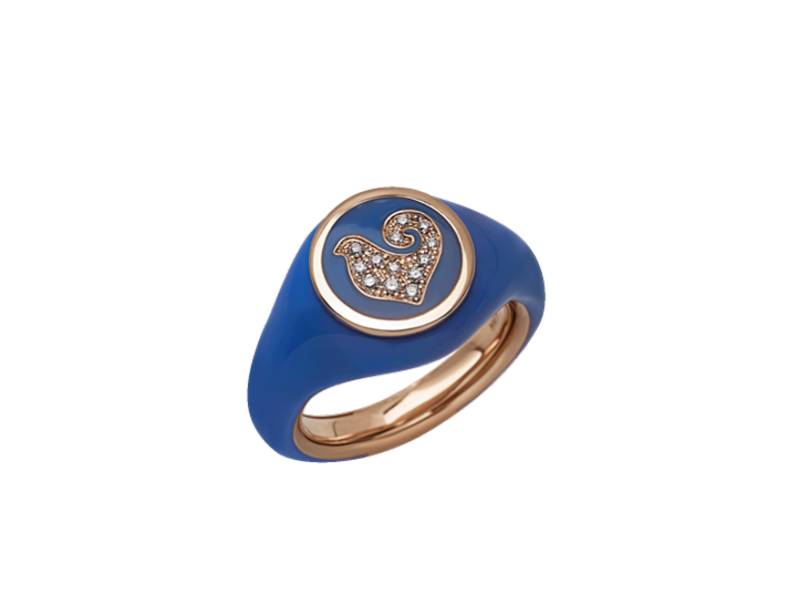18KT ROSE GOLD AND CAPRI BLUE ENAMEL SYGILLUM RING WITH ROOSTER DIAMOND PAVE' PAILLETTES CHANTECLER 42703