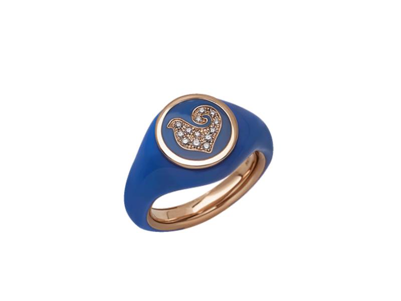 ANELLO SYGILLUM IN ORO ROSA E SMALTO BLU CAPRI CON GALLETTO IN PAVE' DI DIAMANTI PAILLETTES CHANTECLER 42703