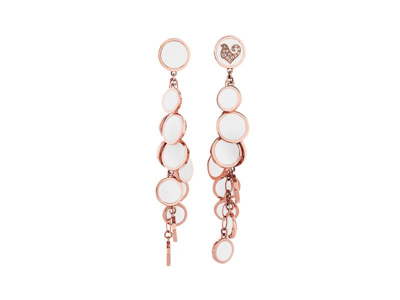 CASCADE EARRINGS IN 18 KT PINK GOLD, DIAMONDS AND WHITE ENAMEL PAILLETTES CHANTECLER 42697