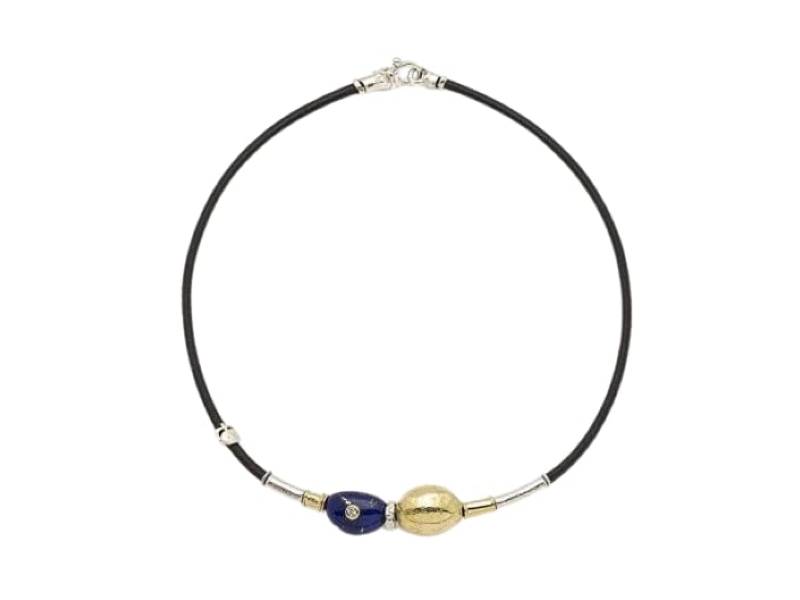 LEATHER NECKLACE WITH HANDMADE GOLD ELEMENTS, SILVER, LAPIS LAZULI AND DIAMONDS SYMPHONIA MISANI C2147LA