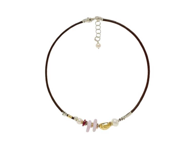 LEATHER NECKLACE WITH HANDMADE GOLD ELEMENTS, SILVER, KUNZITE AND RUBY ACCENTI MISANI C1466RU