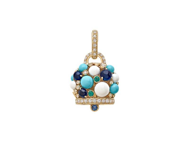 BIG CAMPANELLA PENDANT 18 KT YELLOW GOLD TURQUOISE AND DIAMONDS CAPRI 1947 CHANTECLER 40220