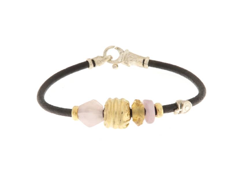 LEATHER BRACELET WITH YELLOW GOLD ELEMENTS AND SEMI PRECIOUS STONES ACCENTI MISANI B2182