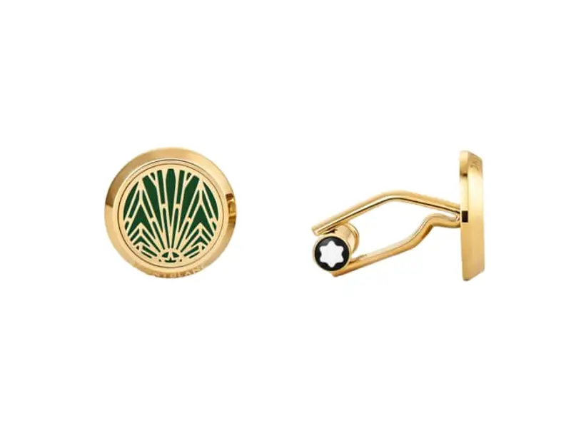 CUFFLINKS, ROUND IN STAINLESS STEEL GOLD-COLOURED PVD FINISH THE ORIGIN COLLECTION GREEN MEISTERSTUCK MONTBLANC 132979