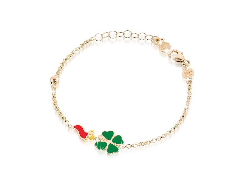 YELLOW GOLD 9KT LUCKY BRACELET HORN AND FOUR LEAFT CLOVER  PRIMEGIOIE LE BEBE' PMG035